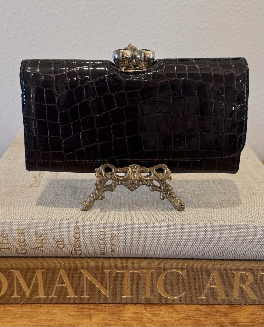 Vintage Ted Baker London Patent Croc Embossed Kisslock Wallet Clutch Brown Black